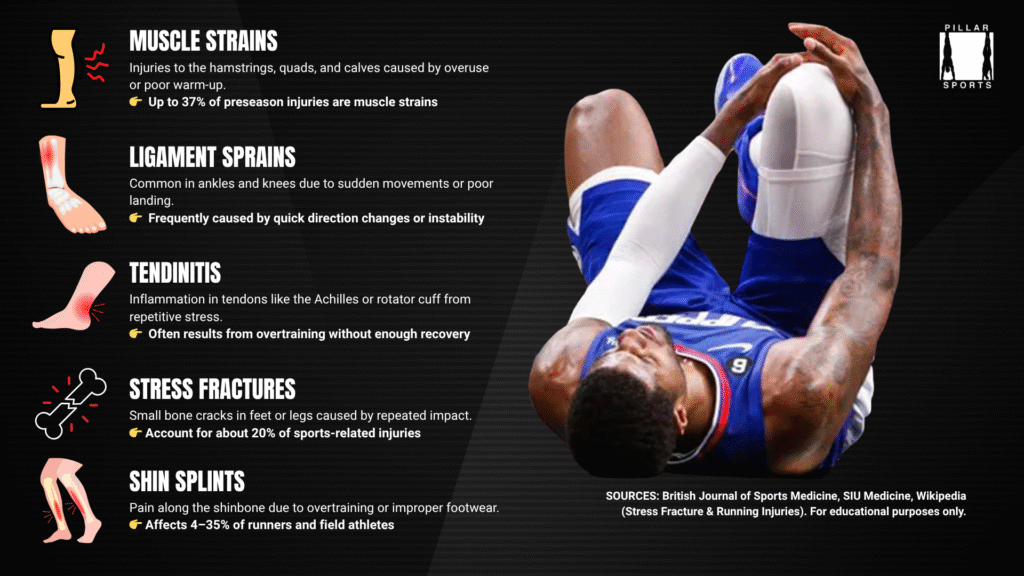 common preseason injuries, muscle strains, ligament sprains, tendinitis, stress fractures, shin splints